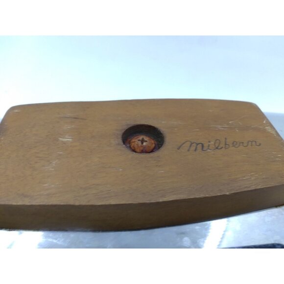 Vtg. MCM Danish style Milbern Celery Olive Dish Chromium Wood Base 14"x5" W/ Box - Picture 5 of 12